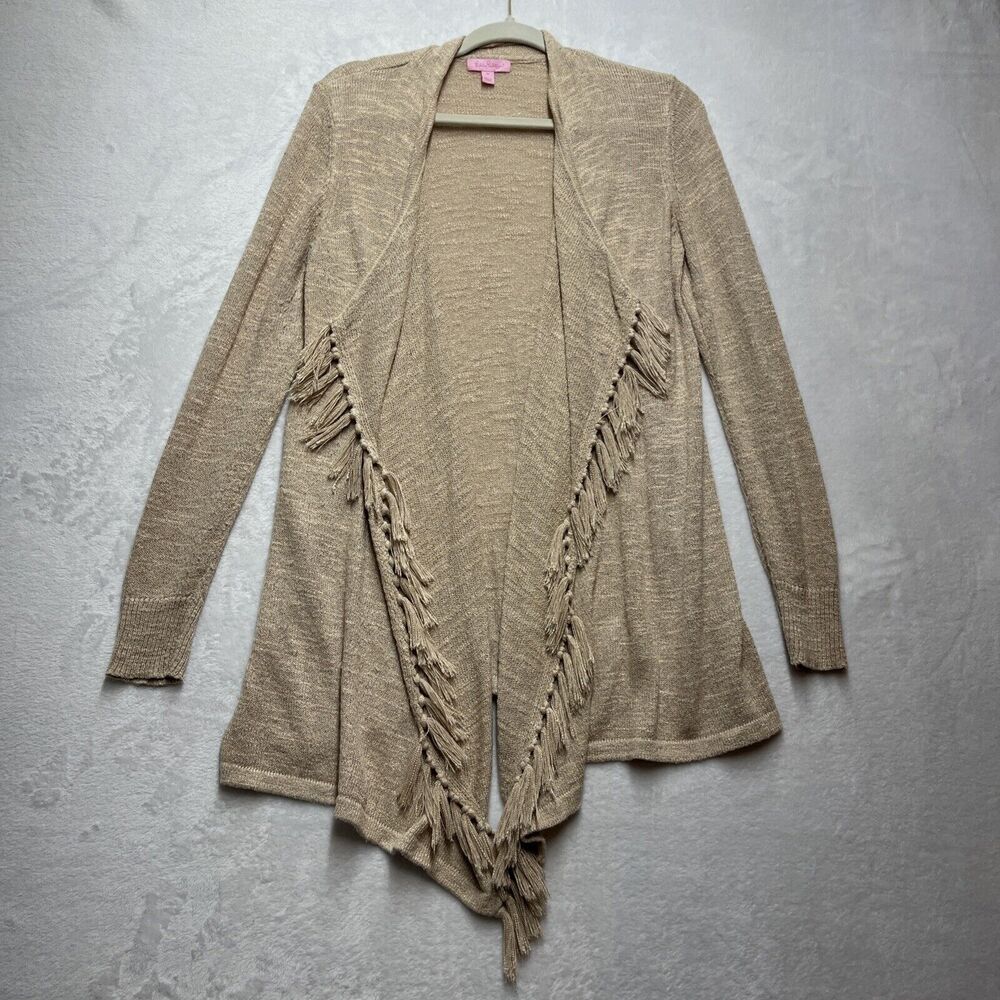 Lilly Pulitzer Tassel Cardigan Womens Medium Tanโ Lucita Draped Sweater Preppy